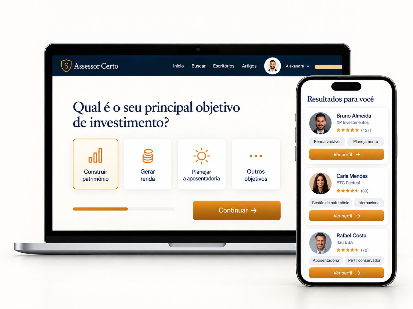 Matching do Assessor Certo no computador e no celular